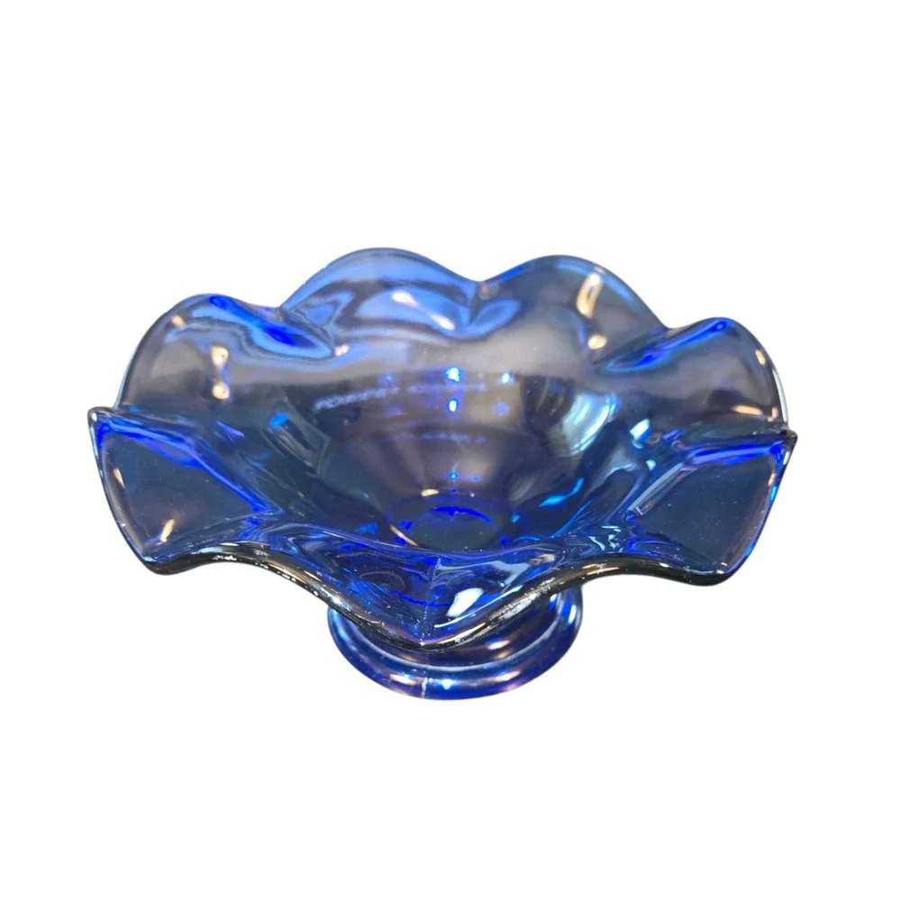 Viking Glass Pressed Art Glass Pedestal Bowl Compote Cobalt Blue Ruffled VTG MCM